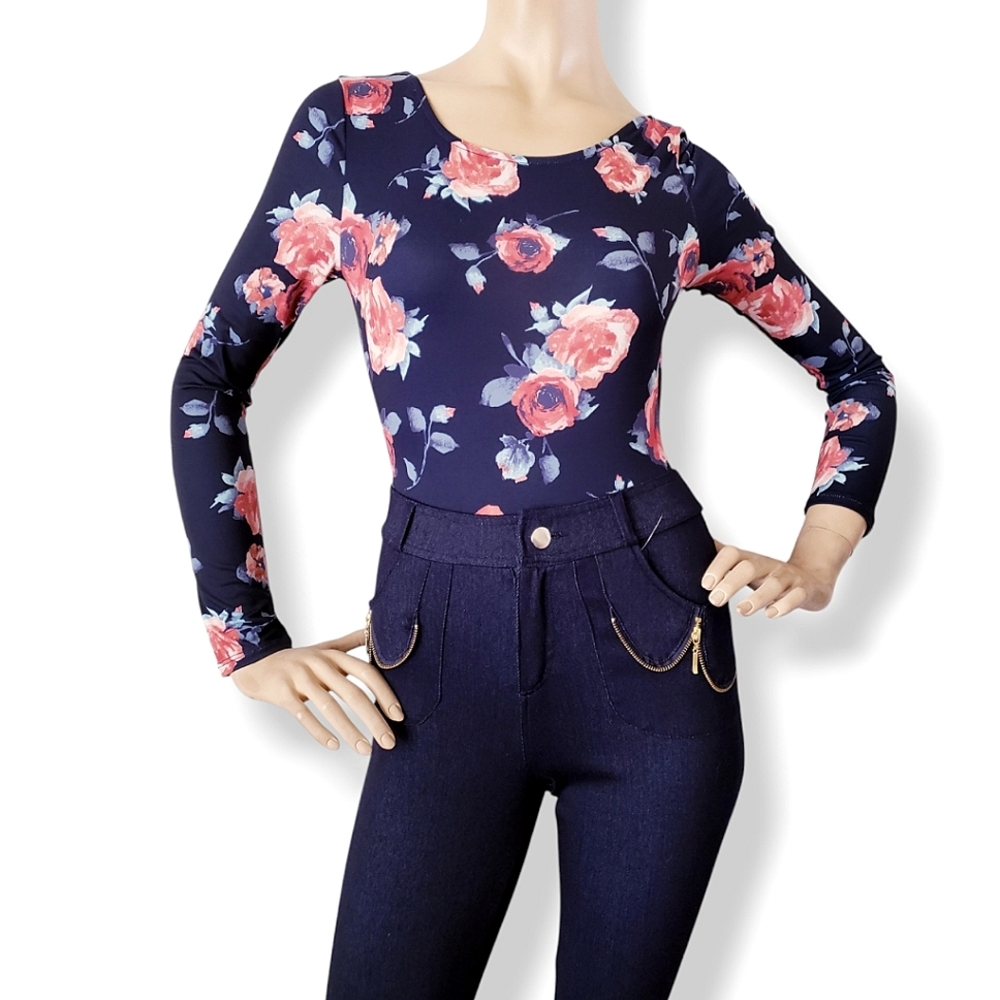 3ena Navy Blue & Red Floral Long Sleeve Deep Scoop Open Back Bodysuit- Small